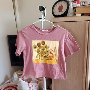 Pink Vincent Van Gogh Sunflowers With Orange Cat Cropped Top Size S